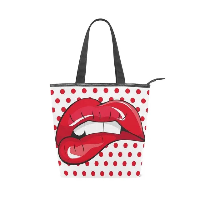 Tote Bags Shoulder Cloth Shopping Bag Eco Sexy red lips Female.