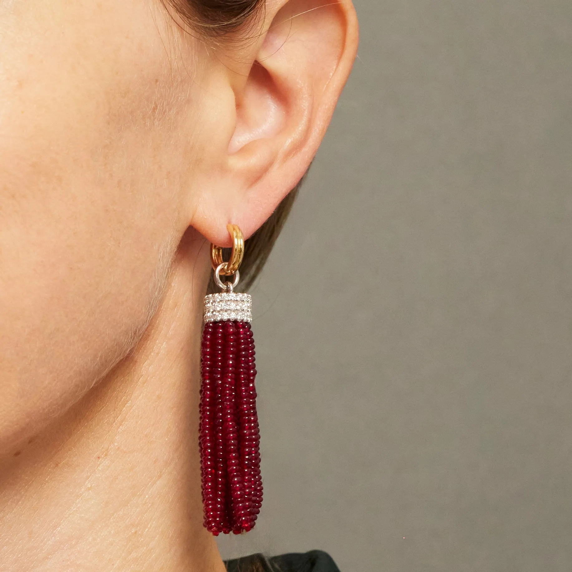 Triple Diamond Tassel Ruby Rondelles Earrings with Double Huggies, 18K White/Yellow Gold