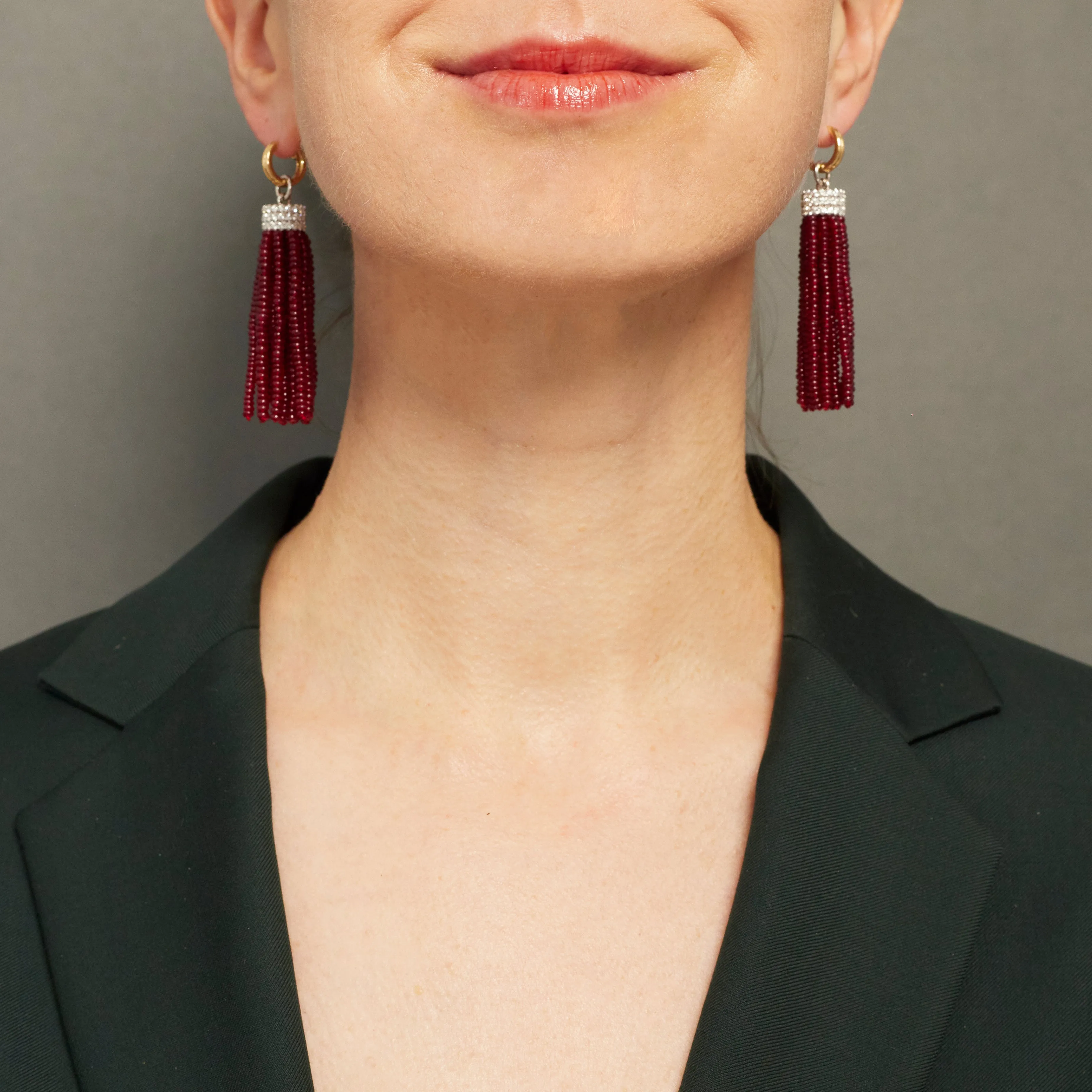Triple Diamond Tassel Ruby Rondelles Earrings with Double Huggies, 18K White/Yellow Gold