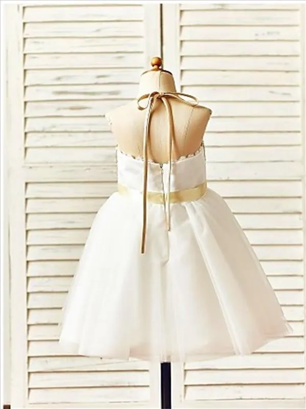 Tulle Princess Halter Sleeveless Sequin Flower Girl Dresses Tea Length Dress