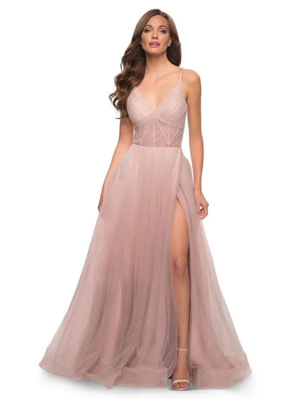 Tulle Prom Dress V Neck A-Line Party Dress Tulle Sleeveless Wedding Guest Dresses