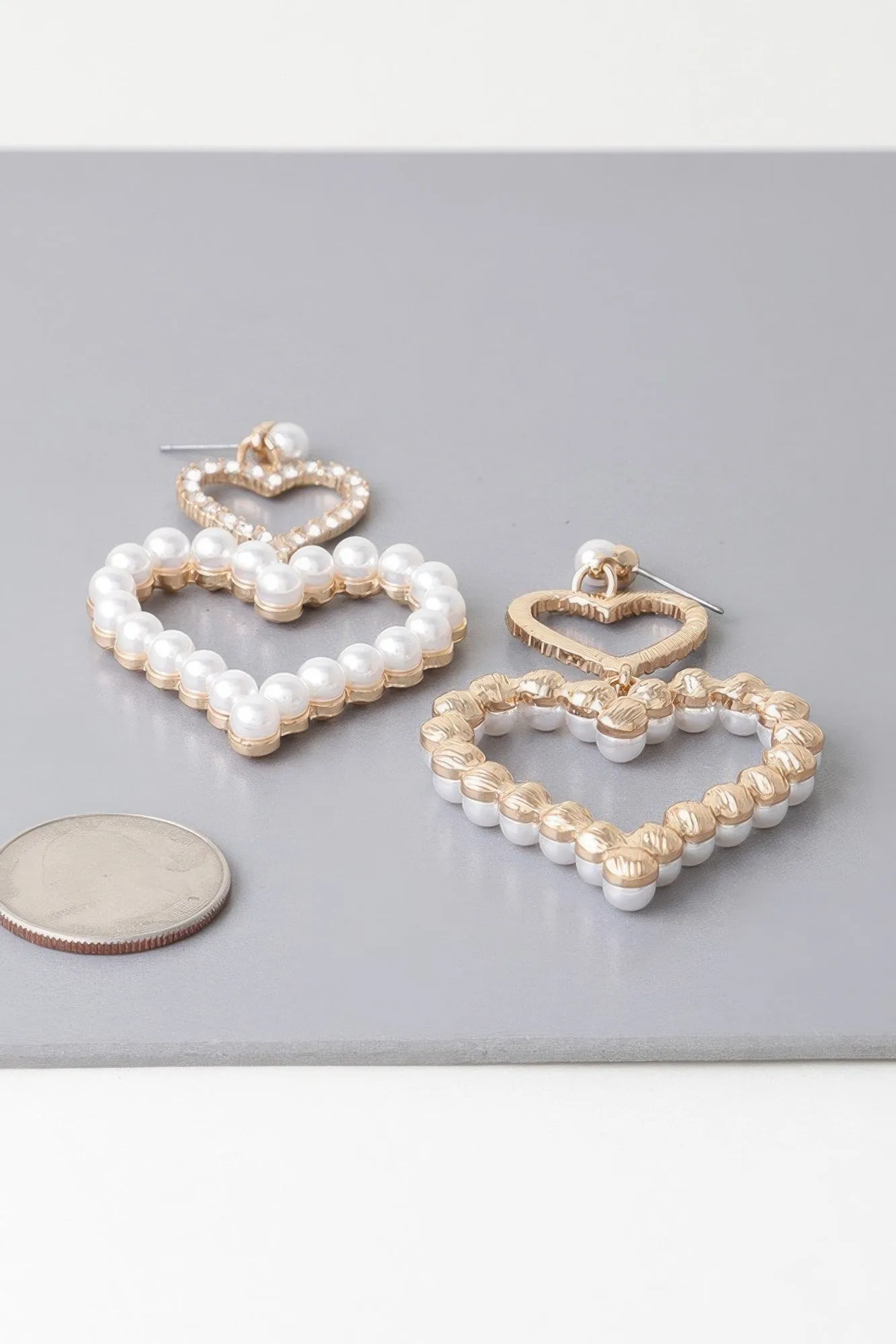 Twin Pearl Jewel Heart Drop Earrings