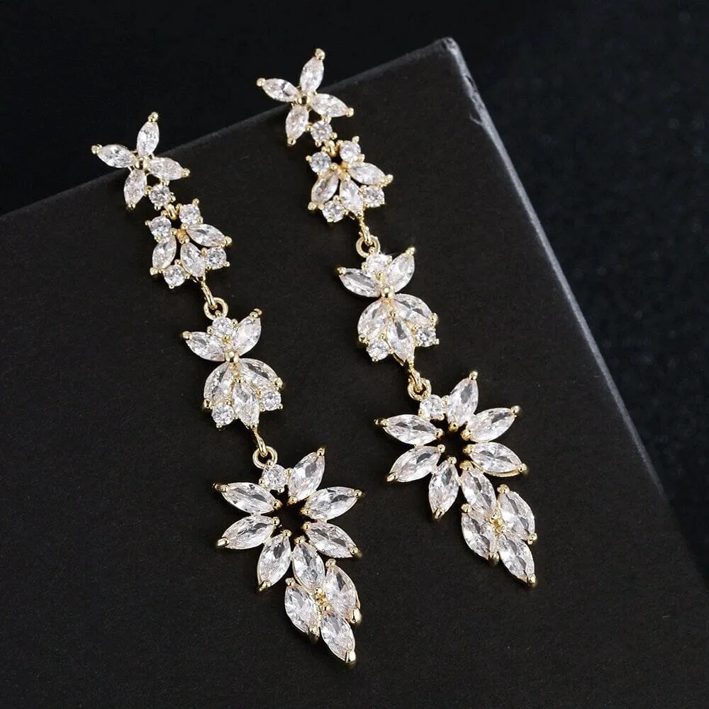 Twinkle Star CZ Diamond Gem Earrings, Fashion Crystal Bridal Dangle Ear Studs, Wedding 14K Gold Plated Earring
