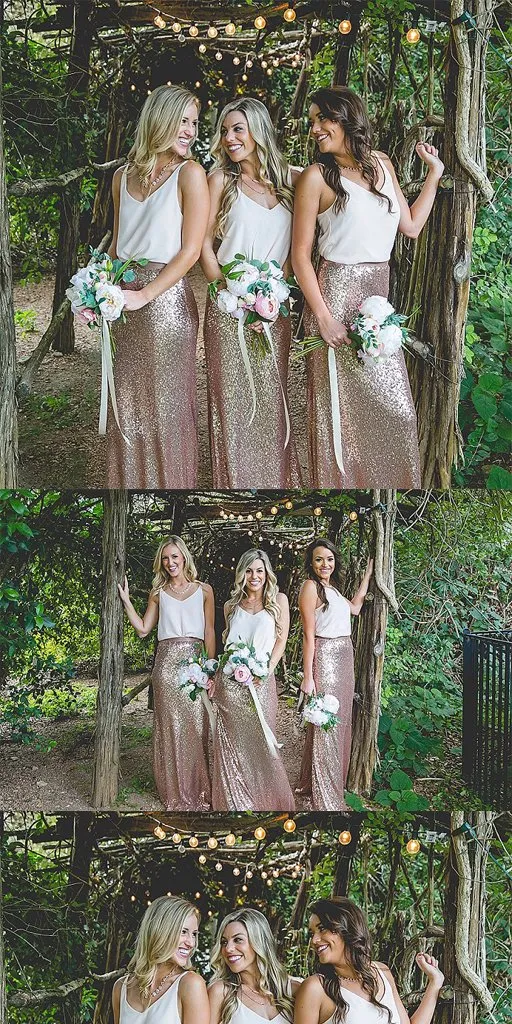 Two Piece Spaghetti Straps Bridesmaid Dresses, Shinning Gold Rose Bridesmaid Dresses,Cheap Bridesmaid Dresses,WGY0266