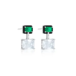 Two Rectangle Emerald And CZ Drop Enamel Earrings - Silver Green Matt And White