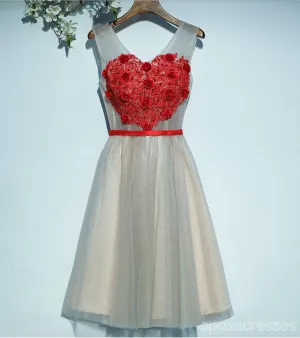Two Straps V Neckline Red Lace Tulle Homecoming Prom Dresses, Affordable Corset Back Short Party Prom Dresses, Perfect Homecoming Dresses, CM243