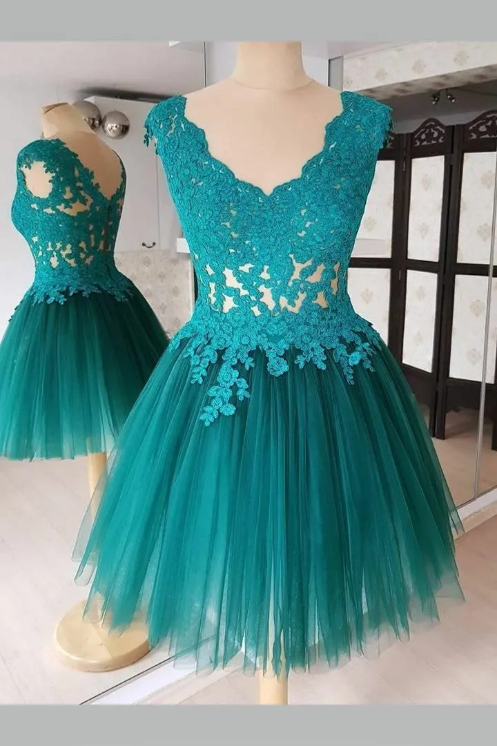 V-neck Lace Cap Sleeves Homecoming Dress Short Tulle Skirt