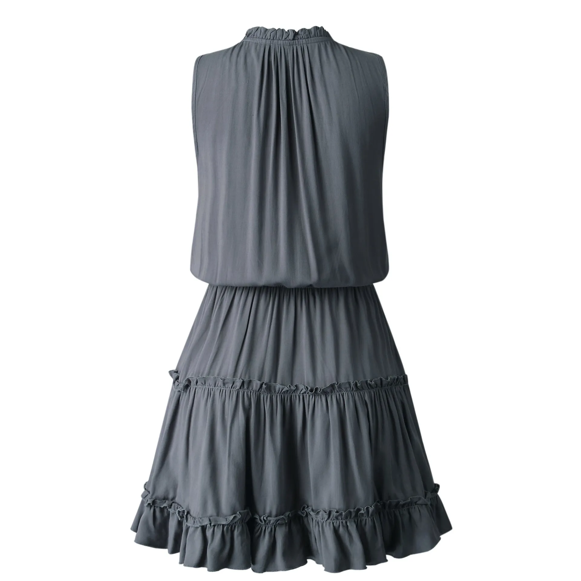 V-neck Lace-up Pleated Elastic Waist Mini Dress