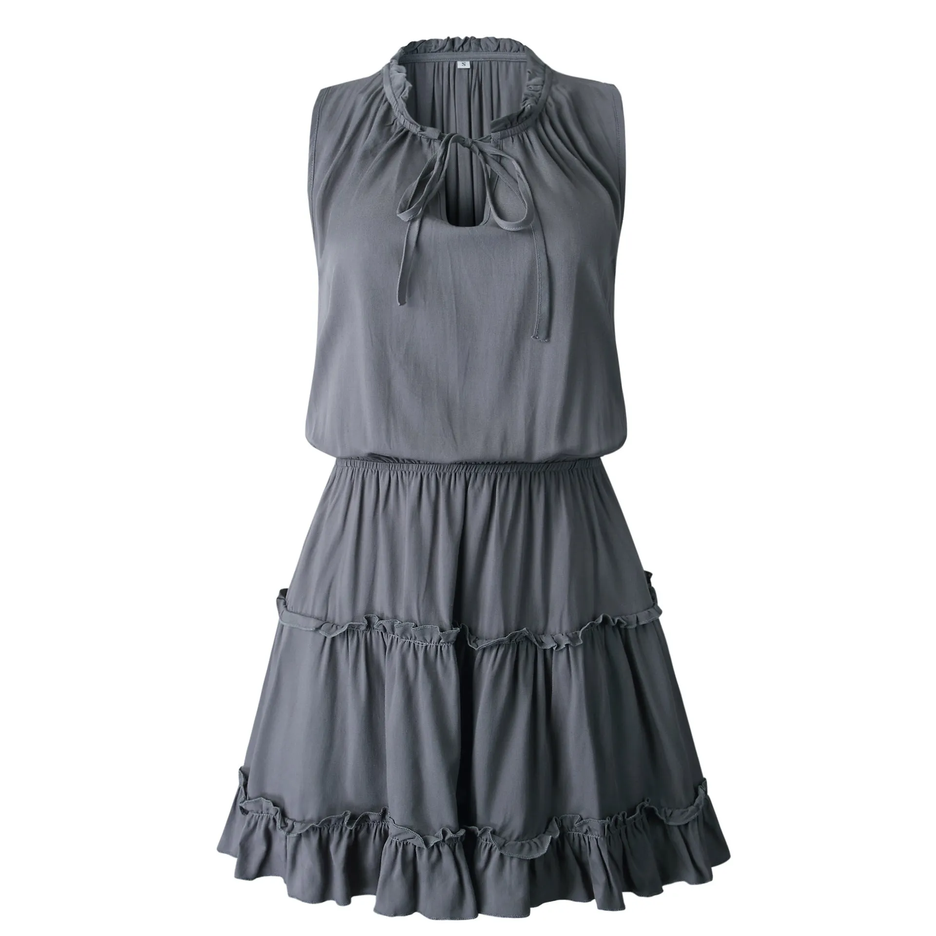 V-neck Lace-up Pleated Elastic Waist Mini Dress