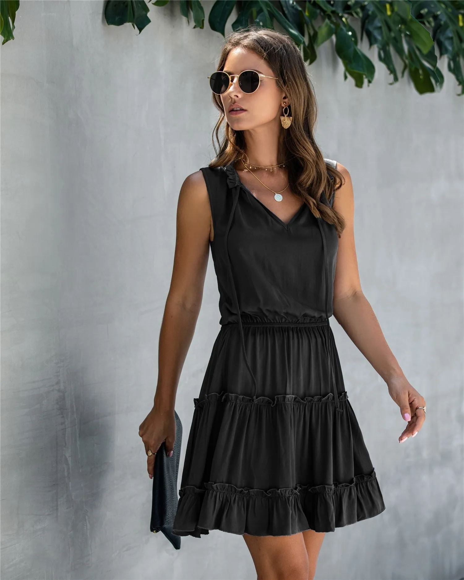 V-neck Lace-up Pleated Elastic Waist Mini Dress