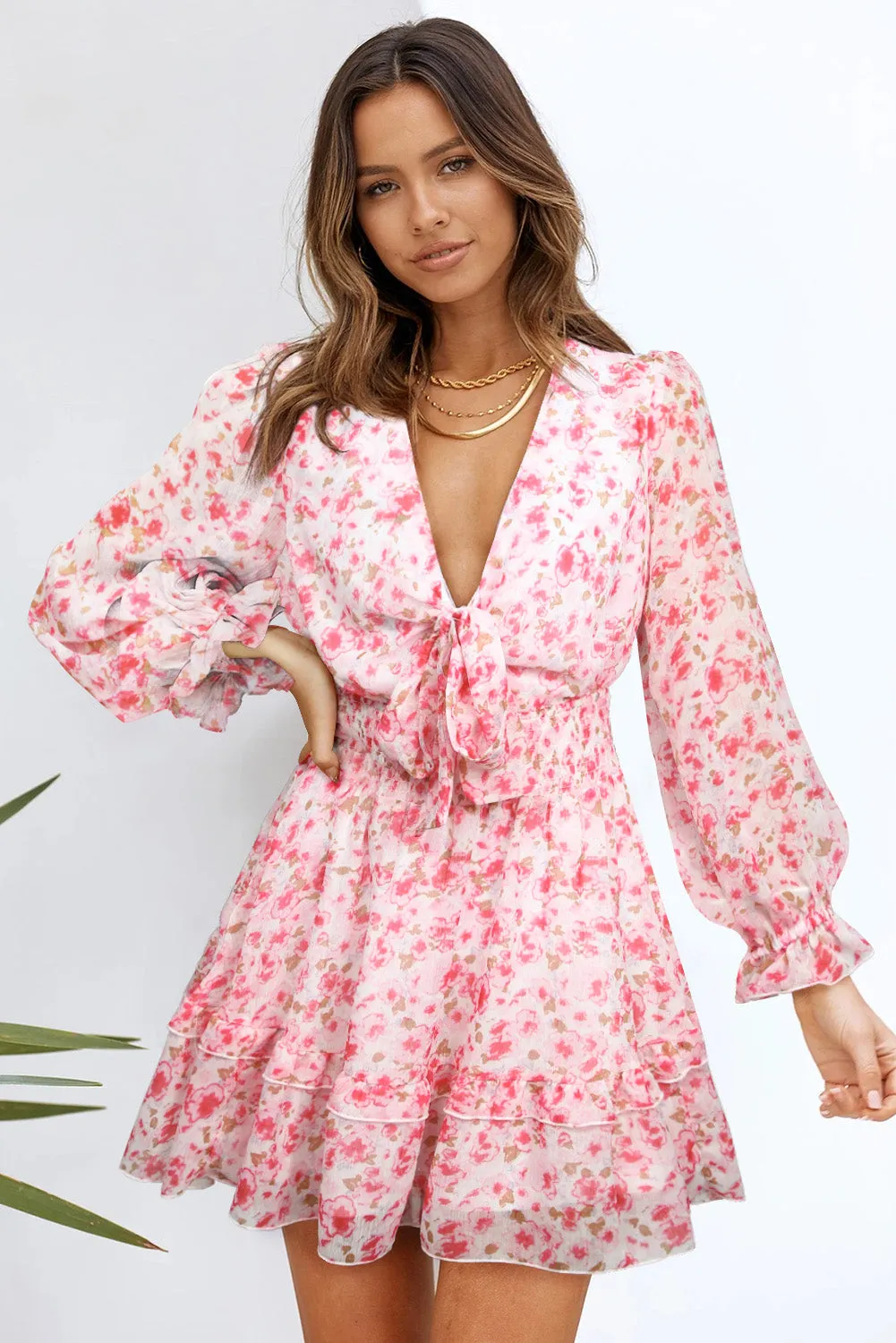 V Neck Lantern Sleeve Knotted Tiered Mini Dress