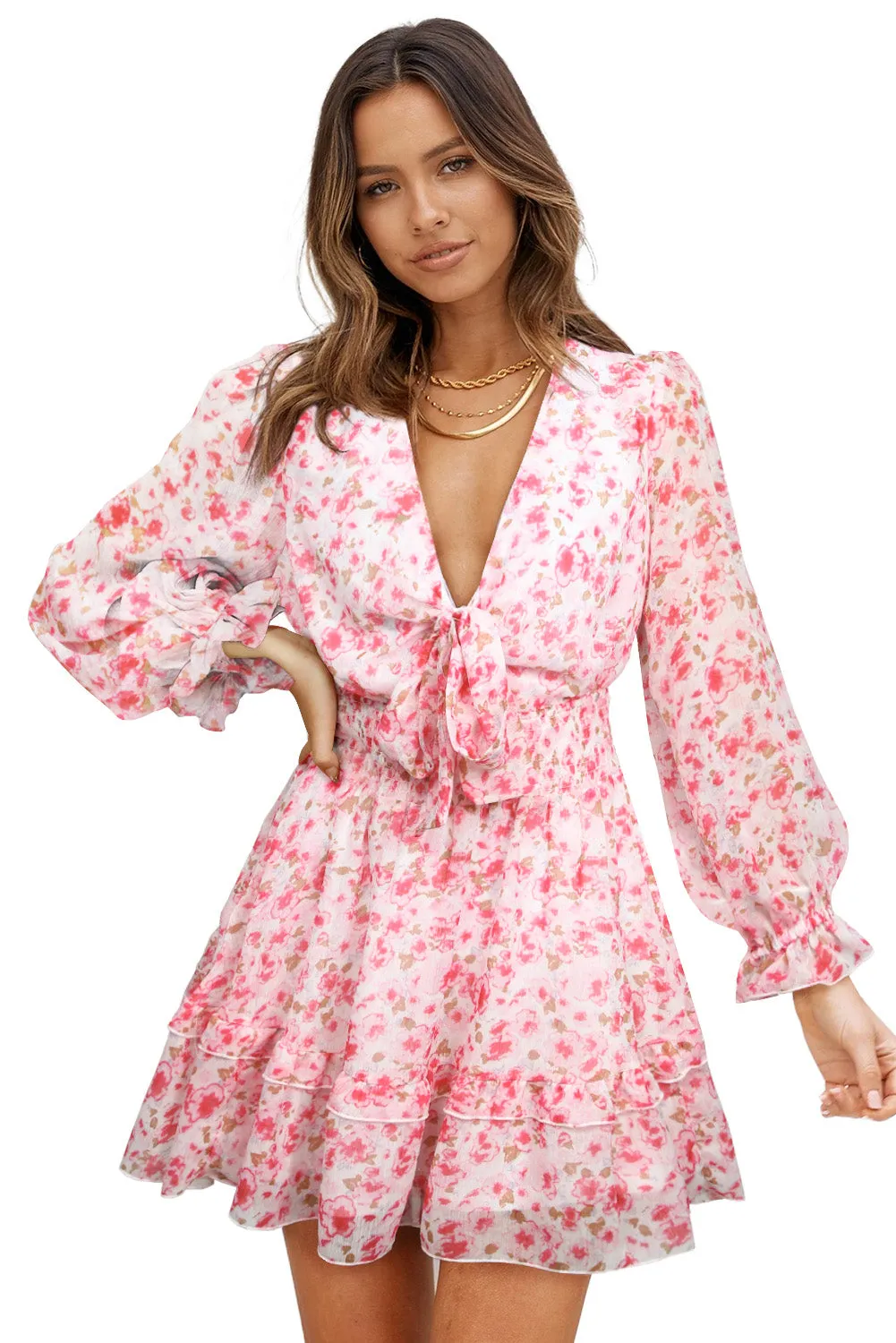 V Neck Lantern Sleeve Knotted Tiered Mini Dress