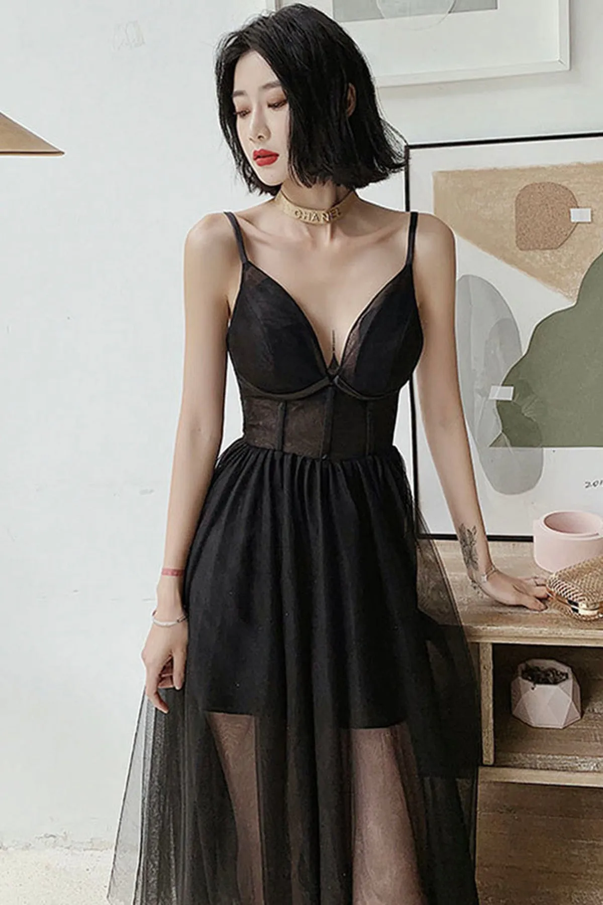 V Neck Open Back Black Tea Length Prom Dress, Black Tulle Homecoming Dress, Black Formal Evening Dress A1676