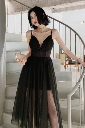 V Neck Open Back Black Tea Length Prom Dress, Black Tulle Homecoming Dress, Black Formal Evening Dress A1676