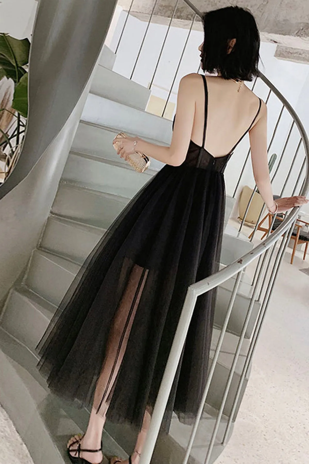 V Neck Open Back Black Tea Length Prom Dress, Black Tulle Homecoming Dress, Black Formal Evening Dress A1676