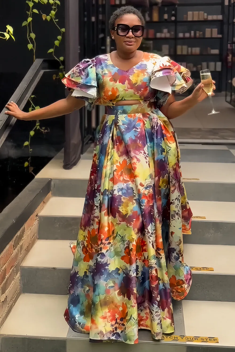 V Neck Ruffle Sleeve Floral Print Pleated Maxi Dresses-Multicolor [Pre Order]