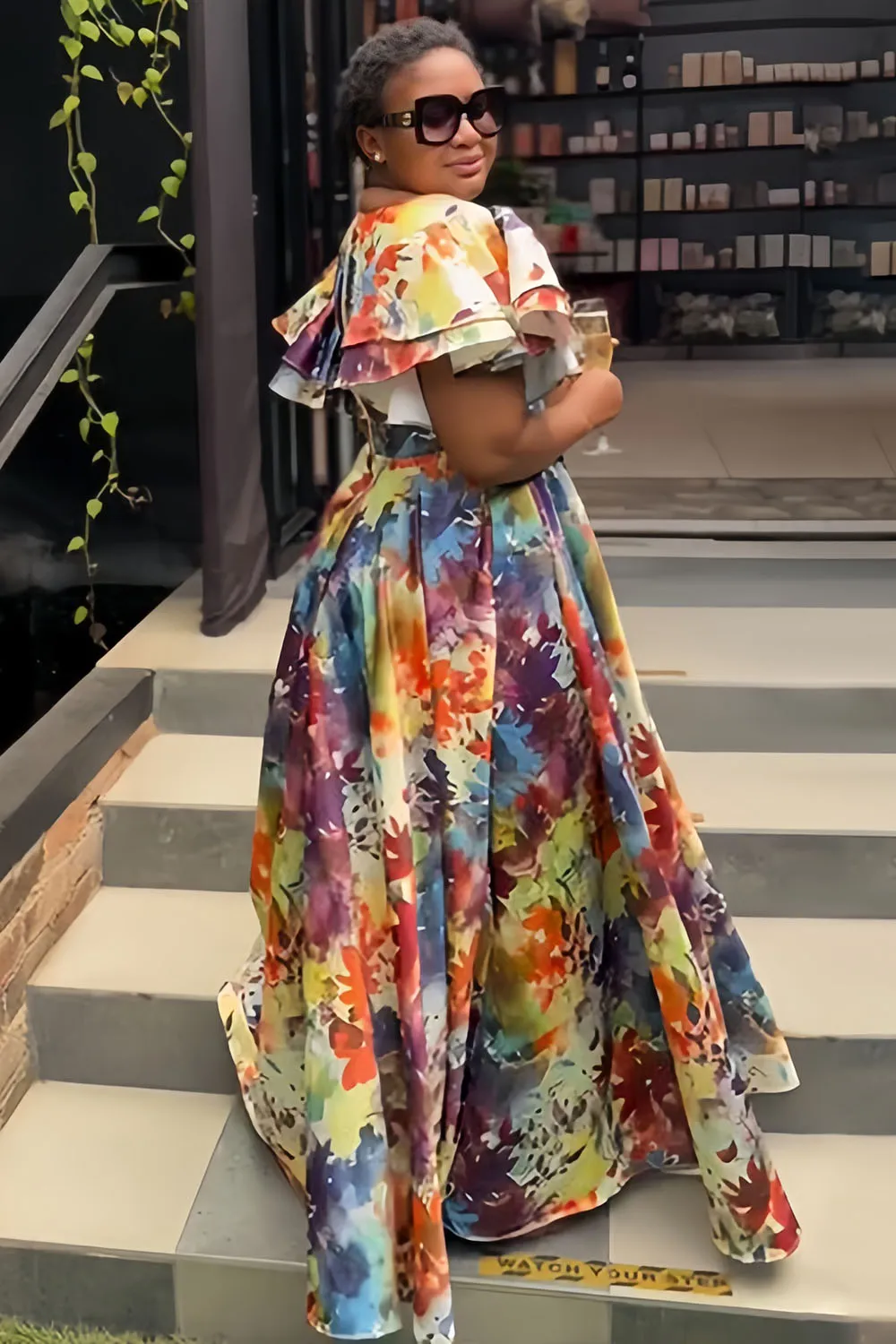 V Neck Ruffle Sleeve Floral Print Pleated Maxi Dresses-Multicolor [Pre Order]
