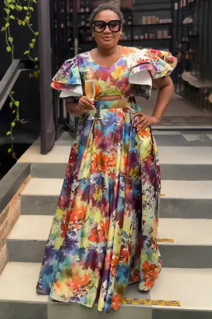 V Neck Ruffle Sleeve Floral Print Pleated Maxi Dresses-Multicolor [Pre Order]