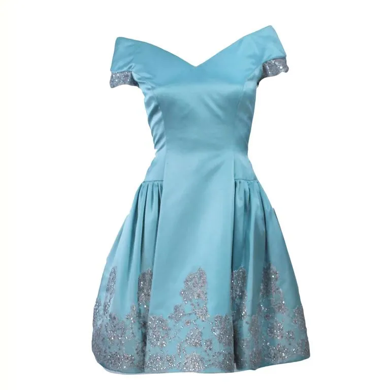 VERA WANG Custom Silk Blue Cocktail Dress w/ Lace Size 6-8