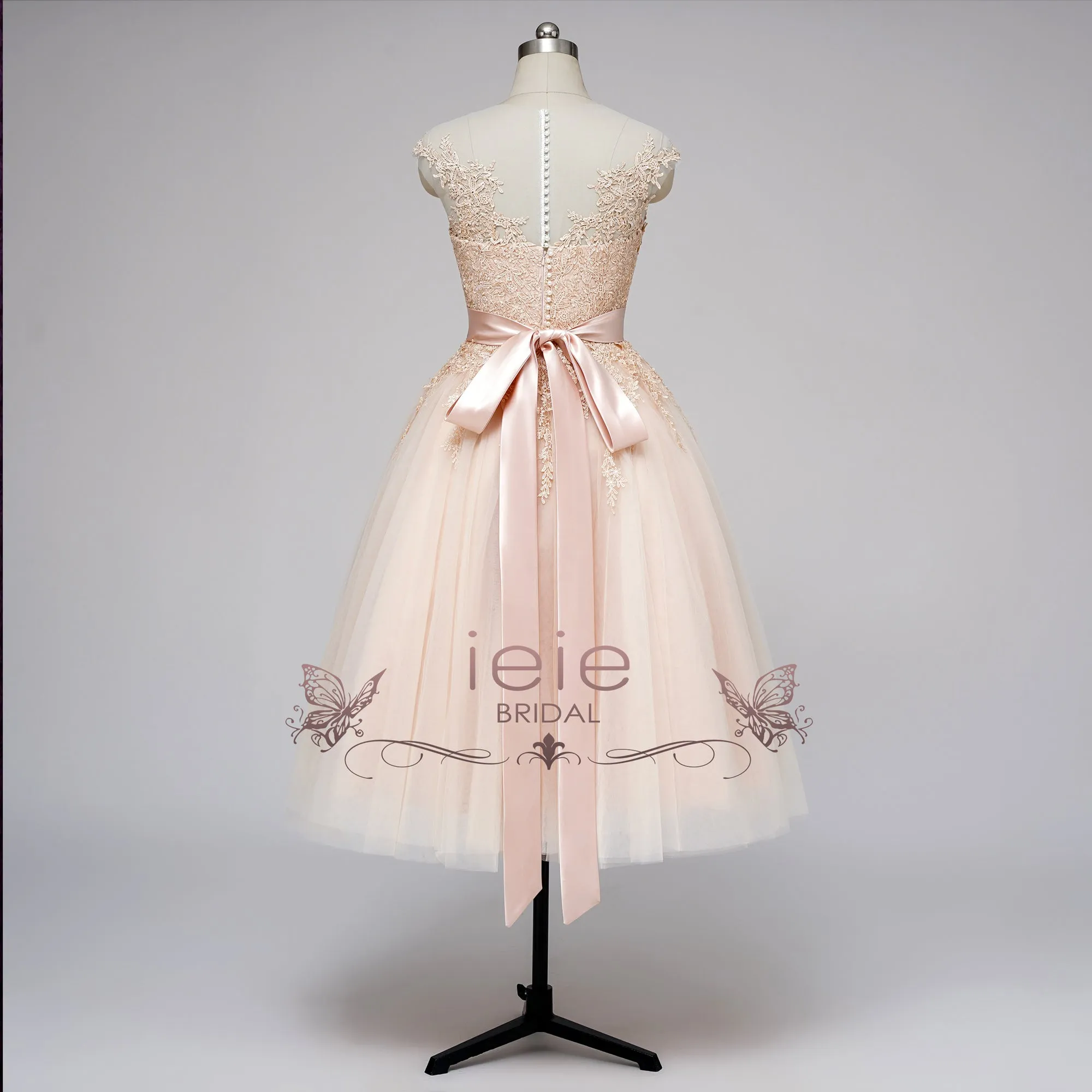 Vintage Blush Tea Length Wedding Dress with Illusion Neck | AELLA