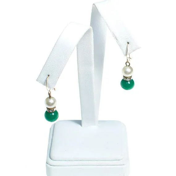 Vintage Faux Pearl, Green Glass Earrings, 1970's, Dangle Earrings, Clear Rondelle Rhinestones