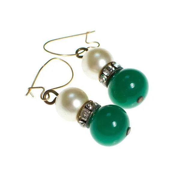 Vintage Faux Pearl, Green Glass Earrings, 1970's, Dangle Earrings, Clear Rondelle Rhinestones