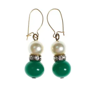 Vintage Faux Pearl, Green Glass Earrings, 1970's, Dangle Earrings, Clear Rondelle Rhinestones