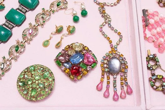 Vintage Faux Pearl, Green Glass Earrings, 1970's, Dangle Earrings, Clear Rondelle Rhinestones