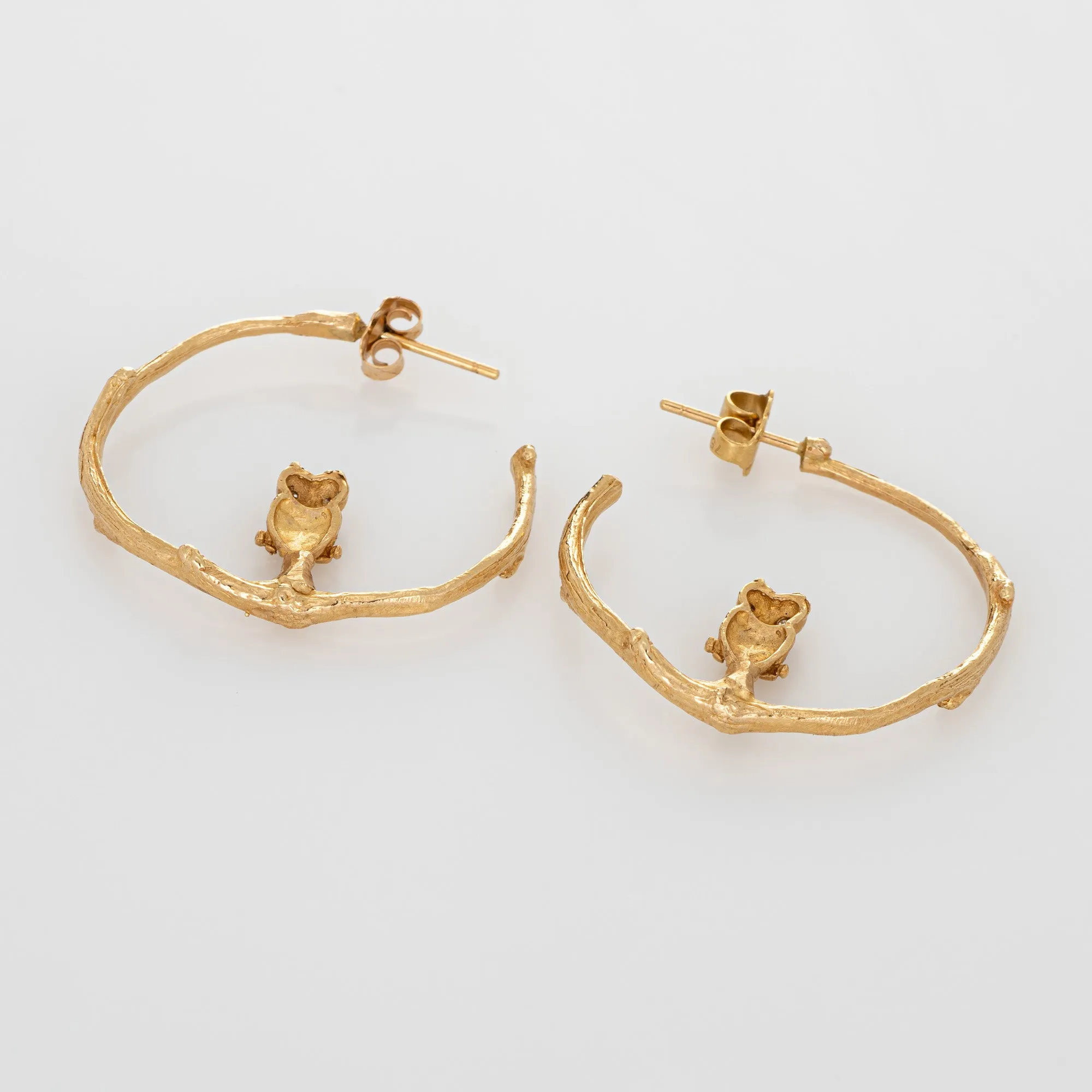 Vintage Owl Hoop Earrings 14k Yellow Gold Diamond Eyes 1 Inch Estate Jewelry