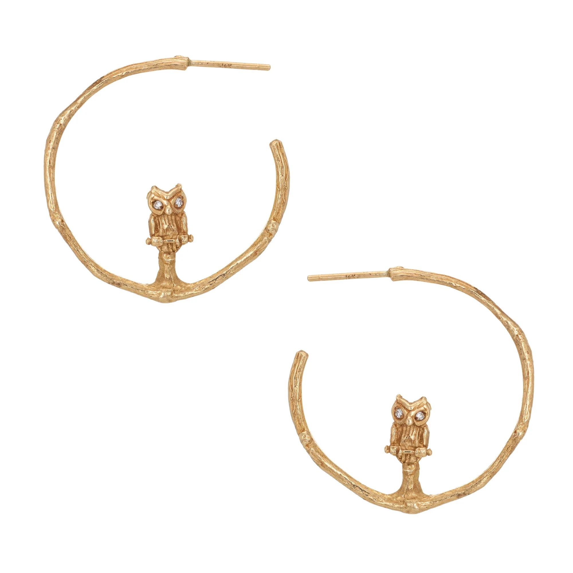 Vintage Owl Hoop Earrings 14k Yellow Gold Diamond Eyes 1 Inch Estate Jewelry