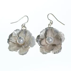 Vintage Silver Camellia Flower Earrings with Pearl Centers