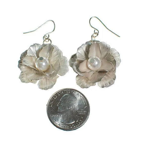 Vintage Silver Camellia Flower Earrings with Pearl Centers