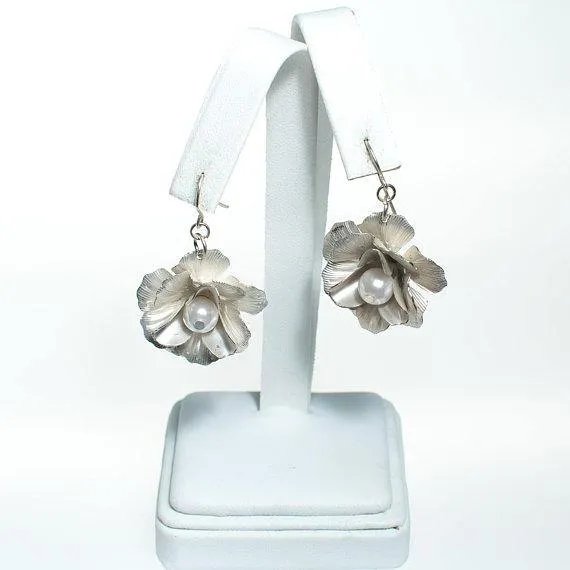Vintage Silver Camellia Flower Earrings with Pearl Centers