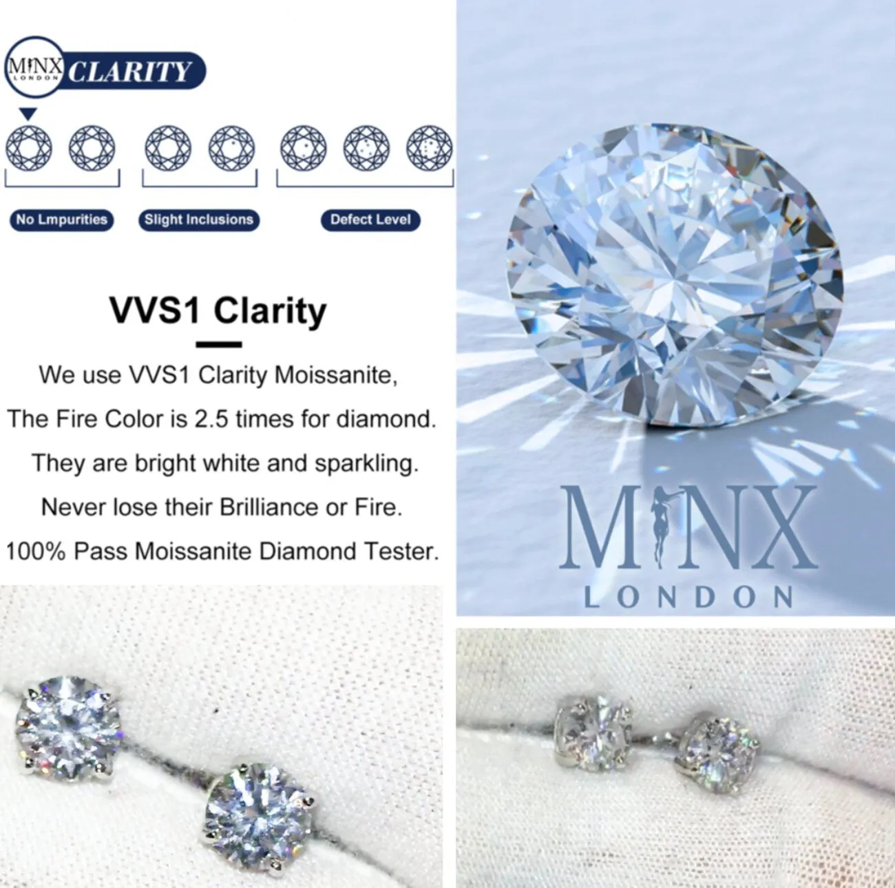 VVS1 Round Diamond Ear Studs | Moissanite Diamond Ear Studs | Iced Out Ear Studs | Diamond Ear Studs | Moissanite Earrings | Ear Studs