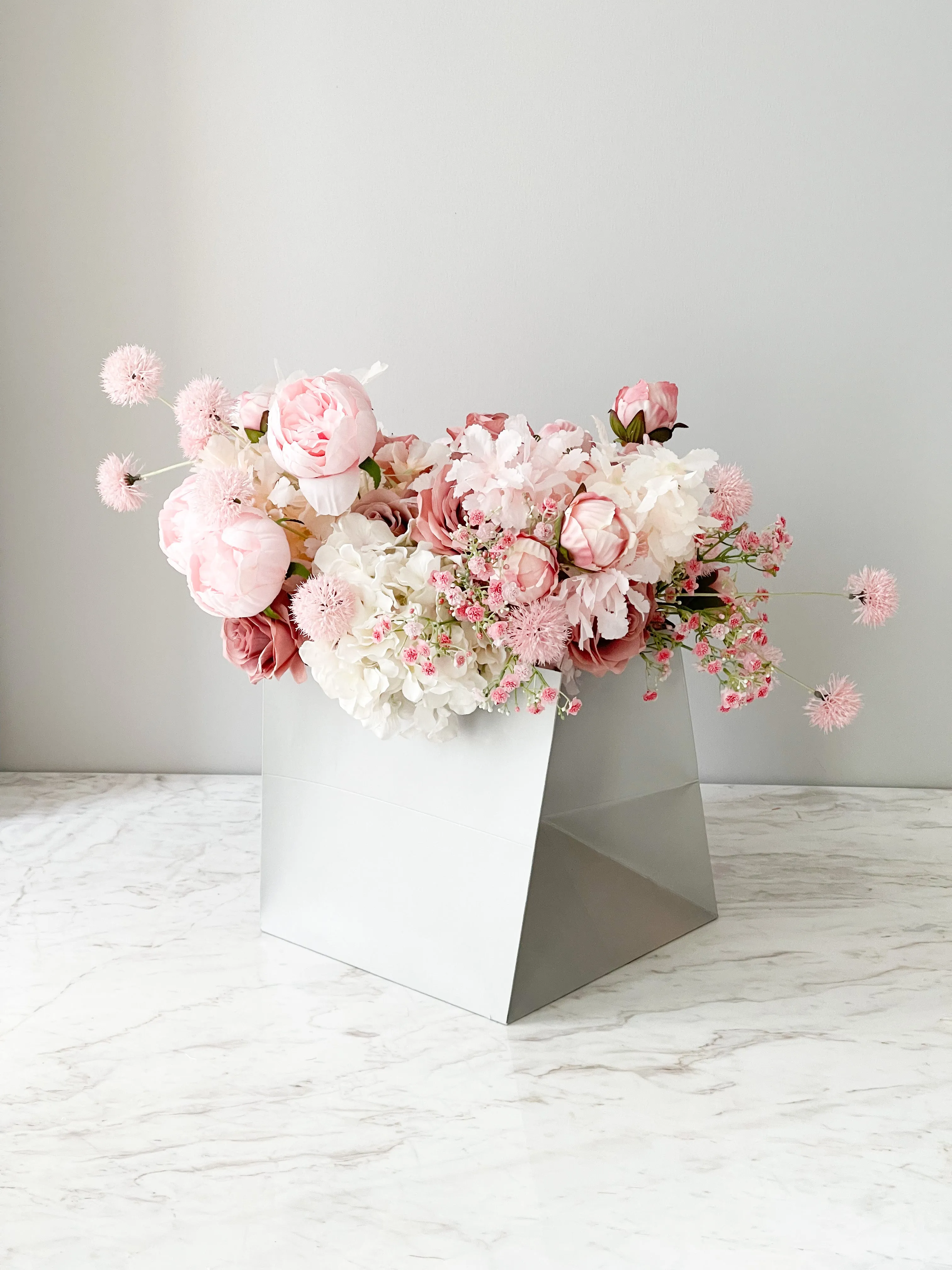 Water Resistant Square Flower/Gift Bag In Pink, White, And Grey Color