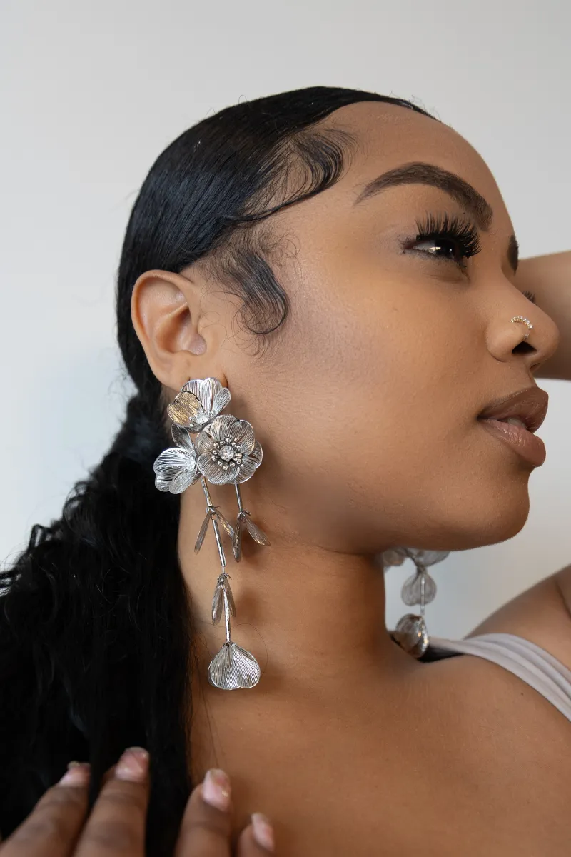 Waterfall Statement White Flower Earrings