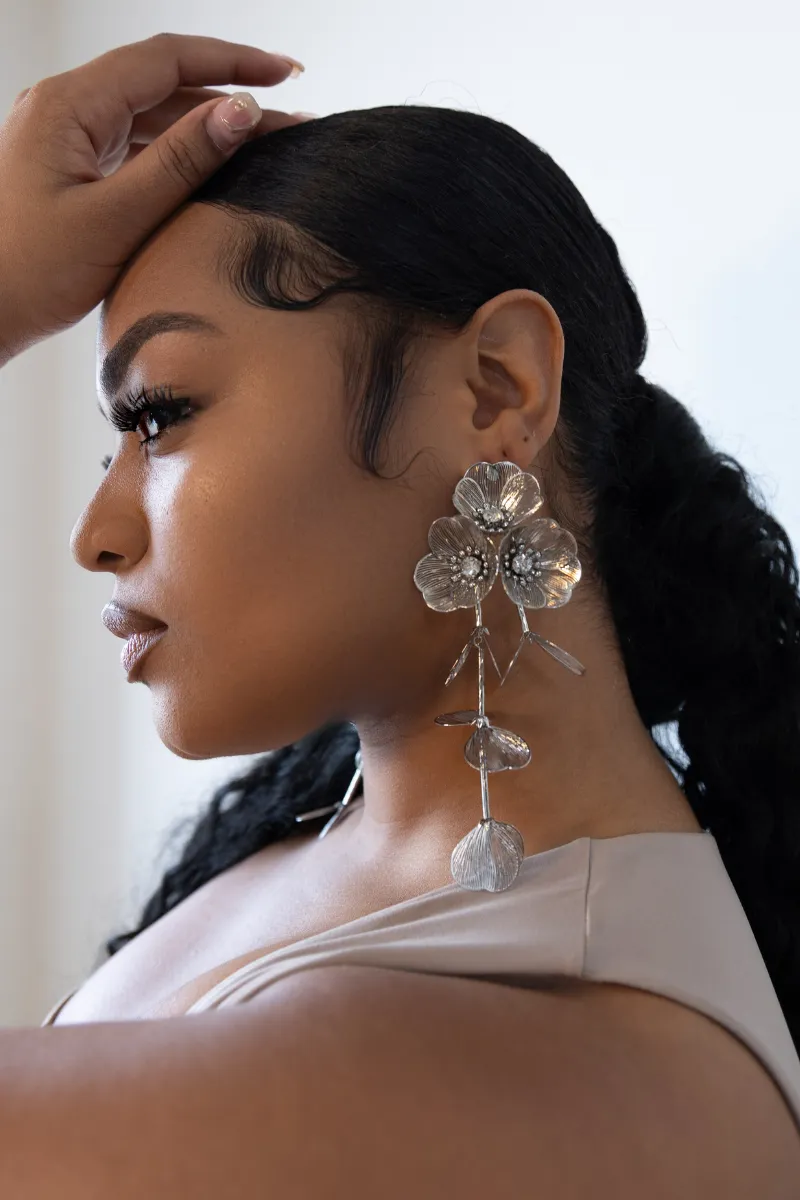 Waterfall Statement White Flower Earrings