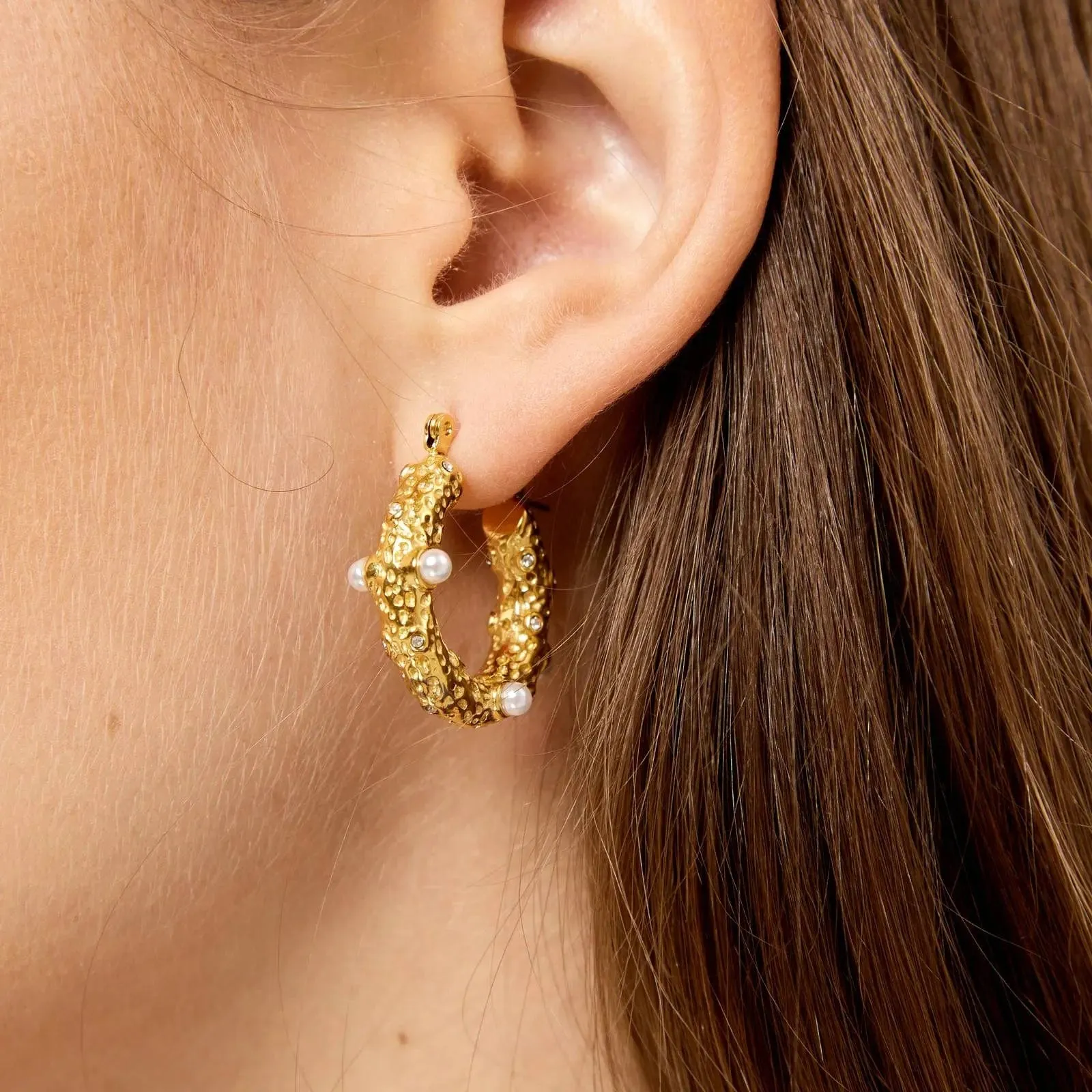 Waterproof Show Me Pearls Hoop Earrings Gold Plated