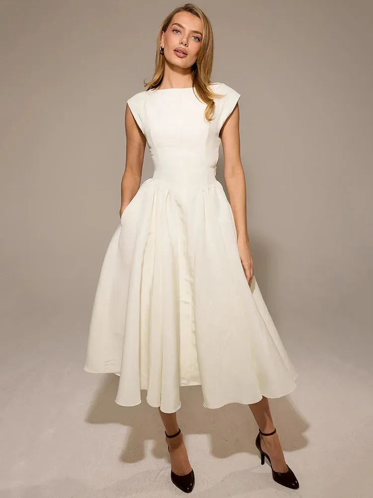 White Backless A-line Sexy Maxi Dress For Women Gown Solid Hollow Out Sleeveless High Waist Club Pleated Dress Elegant