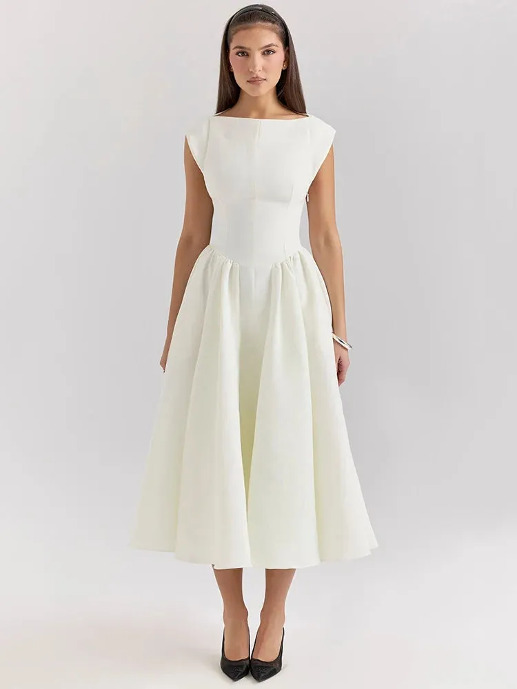 White Backless A-line Sexy Maxi Dress For Women Gown Solid Hollow Out Sleeveless High Waist Club Pleated Dress Elegant