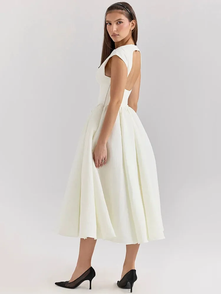 White Backless A-line Sexy Maxi Dress For Women Gown Solid Hollow Out Sleeveless High Waist Club Pleated Dress Elegant
