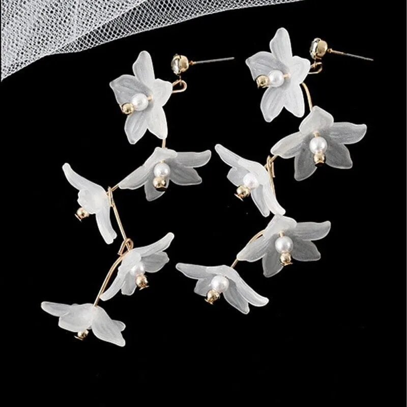 White Floral Earrings, Bridal Gold Flower Dangle Studs, Wedding Cascading Flower Dangle Stud Earrings