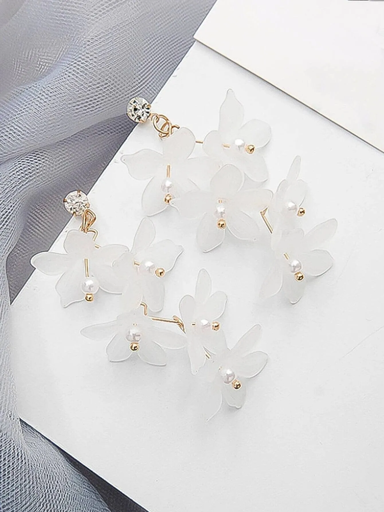 White Floral Earrings, Bridal Gold Flower Dangle Studs, Wedding Cascading Flower Dangle Stud Earrings