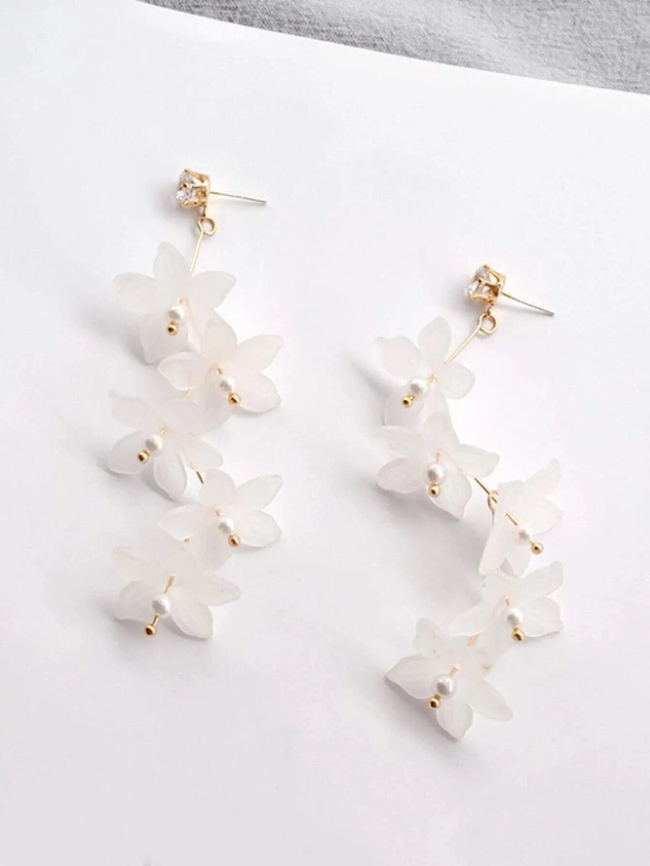 White Floral Earrings, Bridal Gold Flower Dangle Studs, Wedding Cascading Flower Dangle Stud Earrings
