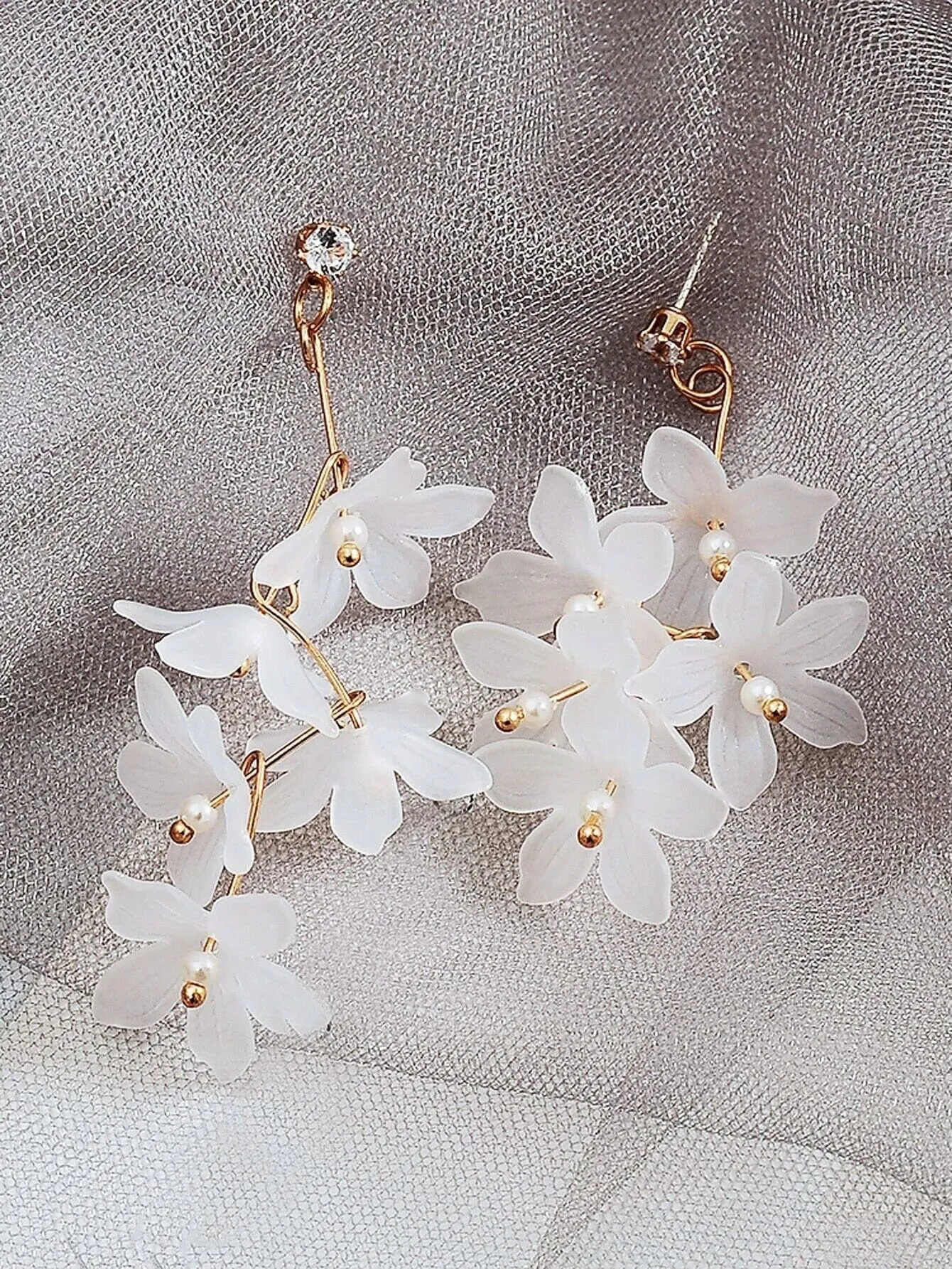 White Floral Earrings, Bridal Gold Flower Dangle Studs, Wedding Cascading Flower Dangle Stud Earrings