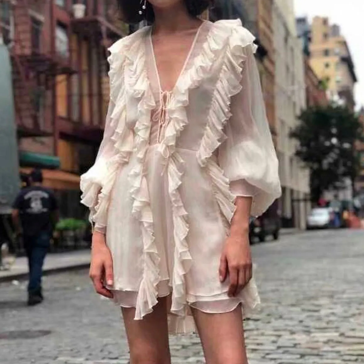 White Multi-layer Lace Cross Ruffle Vacation Mini Dresses