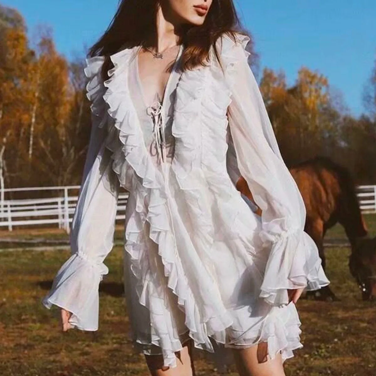 White Multi-layer Lace Cross Ruffle Vacation Mini Dresses