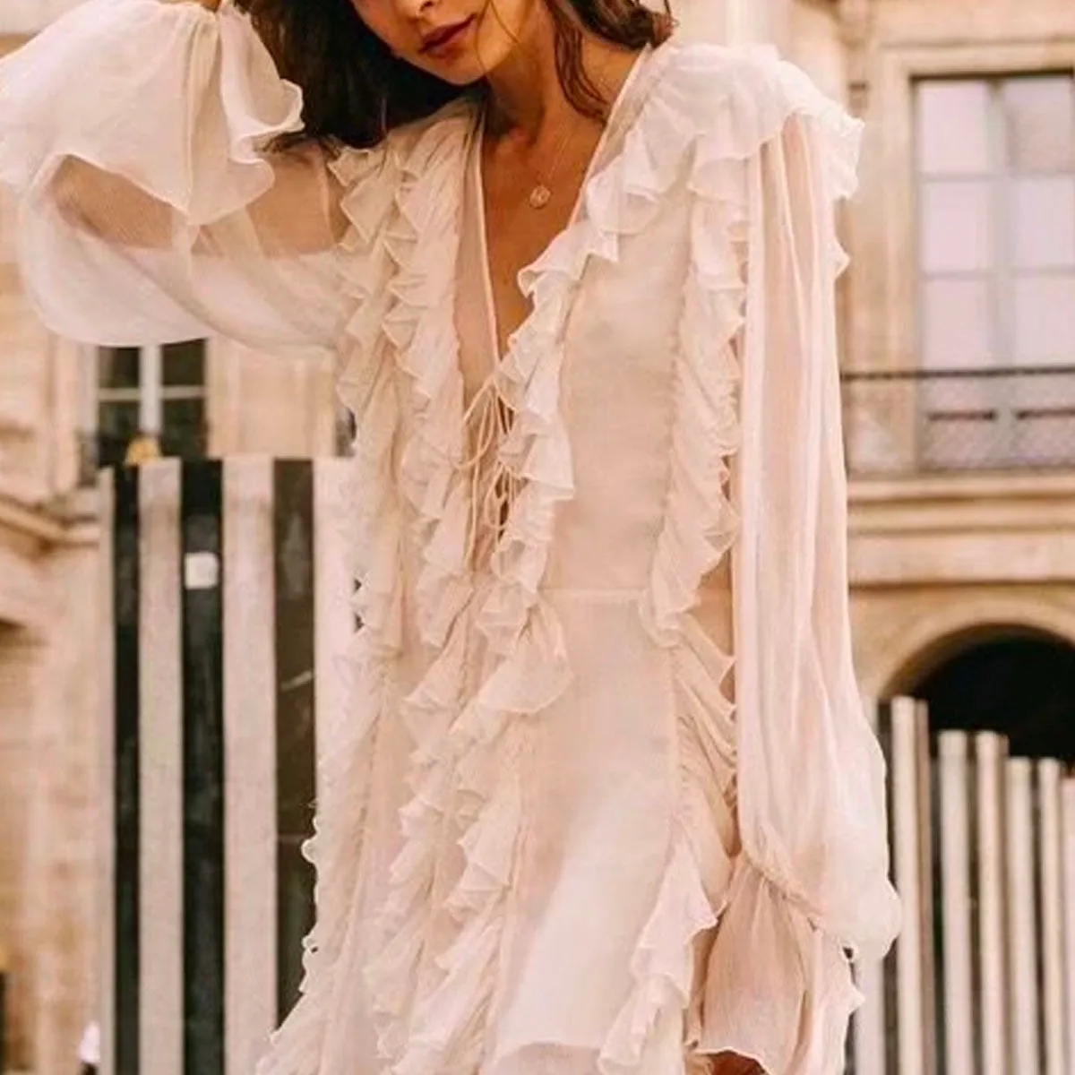 White Multi-layer Lace Cross Ruffle Vacation Mini Dresses