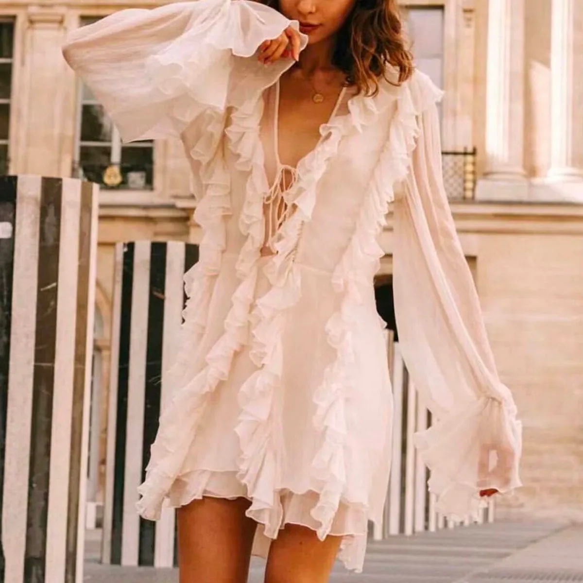 White Multi-layer Lace Cross Ruffle Vacation Mini Dresses