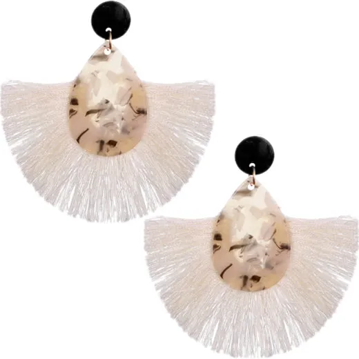 White Oval Fan Tassel Earrings